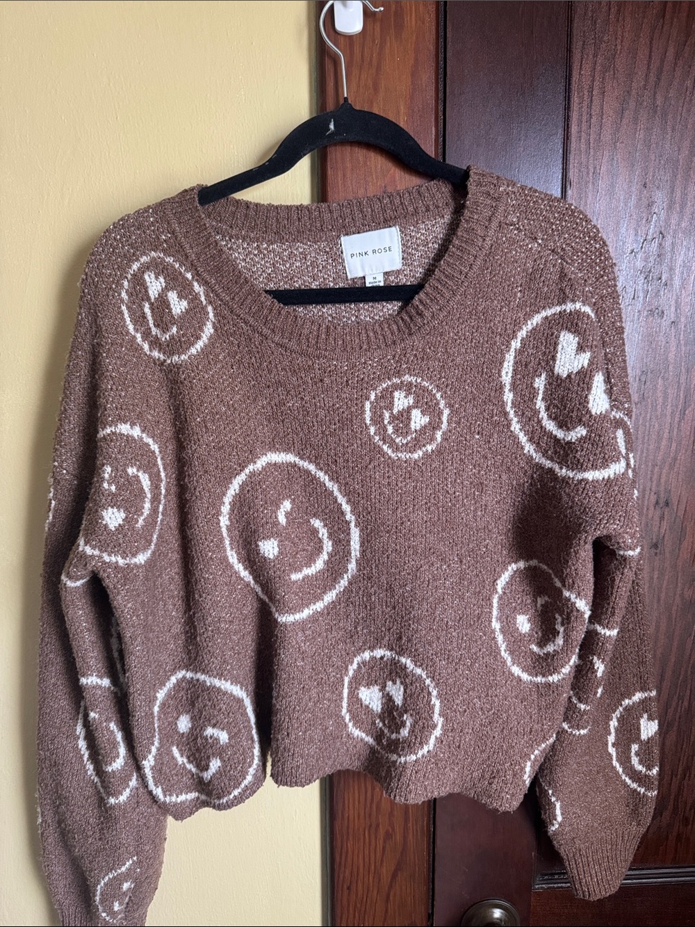 Pink Rose Brown Crewneck Sweater with White Smiley Motif